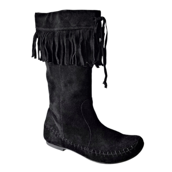 STEVE MADDEN Black Suede Fringe Moccasin Boots Boho 9 Spain - Picture 1 of 10